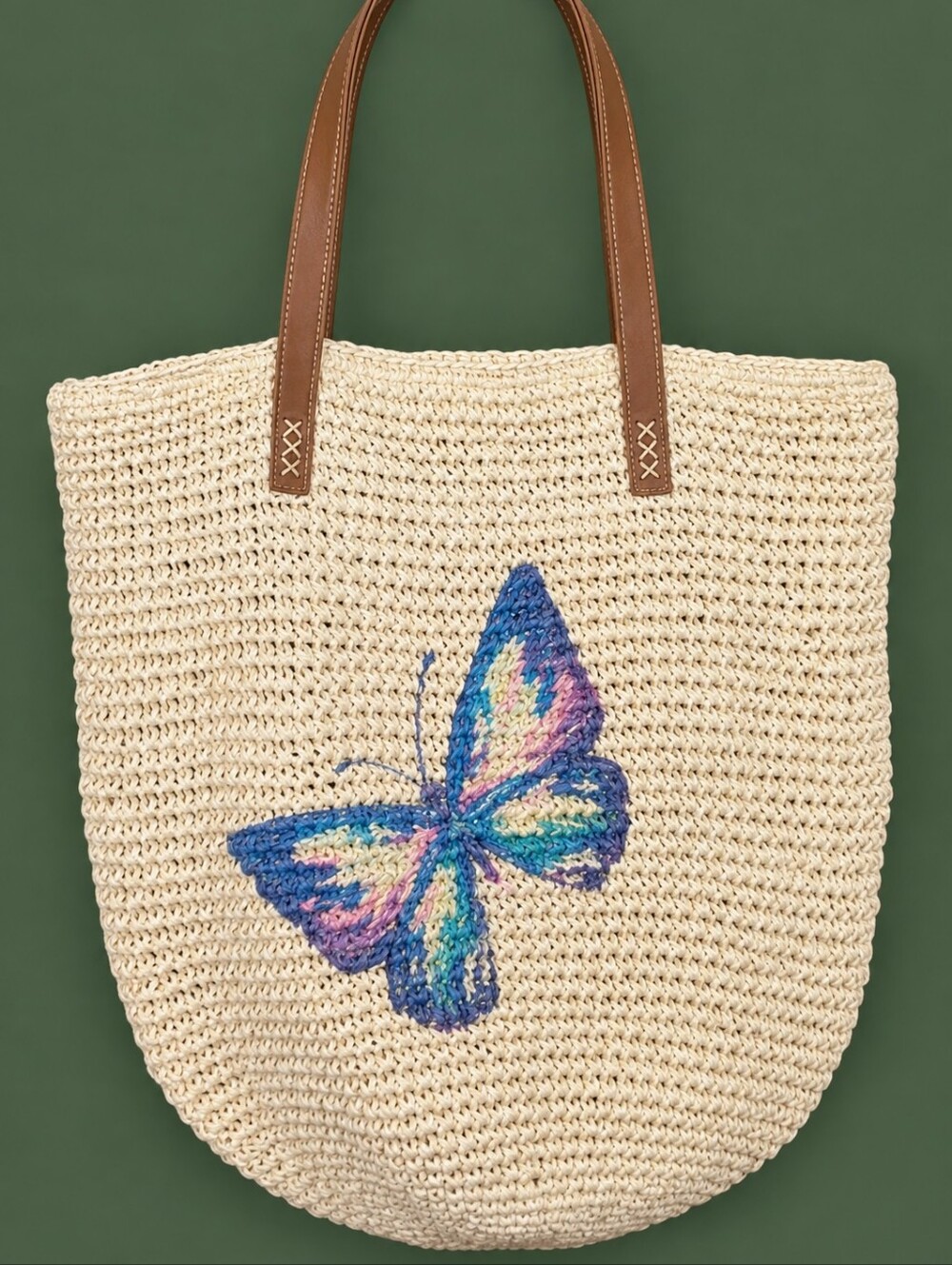 Style &Co. Woven Cream Butterfly Tote Bag with Brown Handles